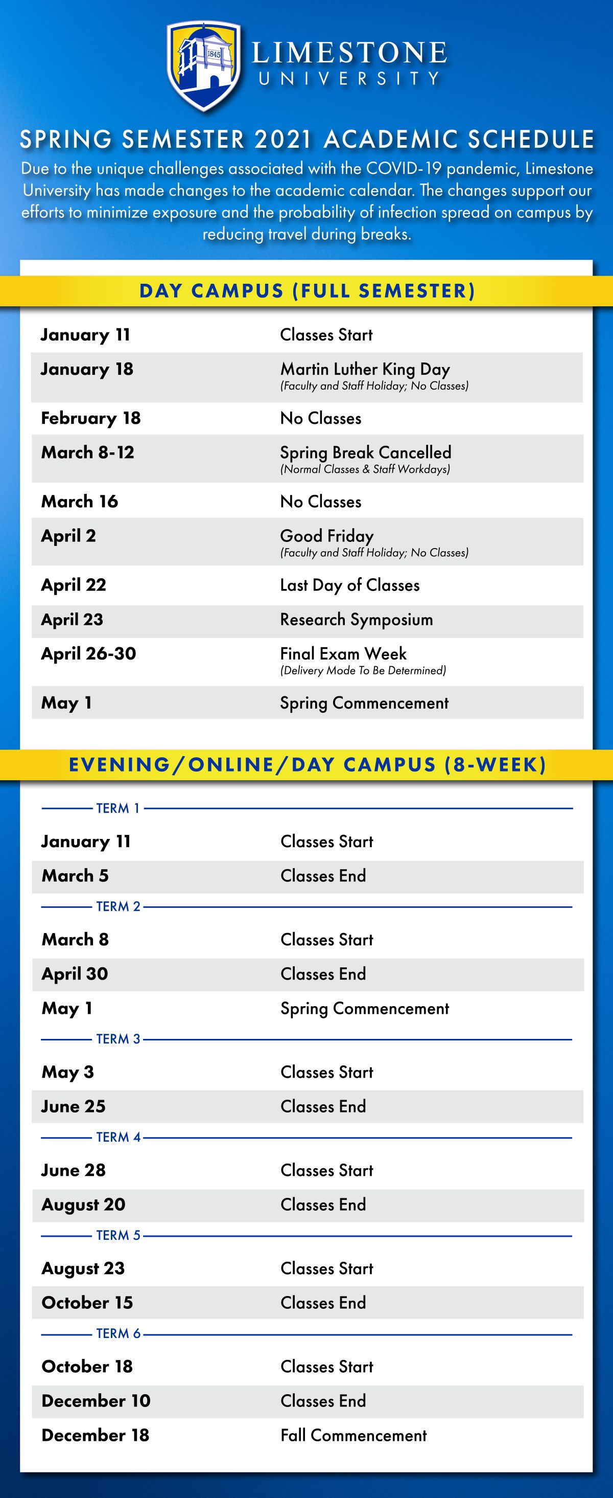 Limestone University Releases Spring Semester 2021 Academic Schedule | Limestone University Limestone University Releases Spring Semester 2021 Academic Schedule | Limestone University