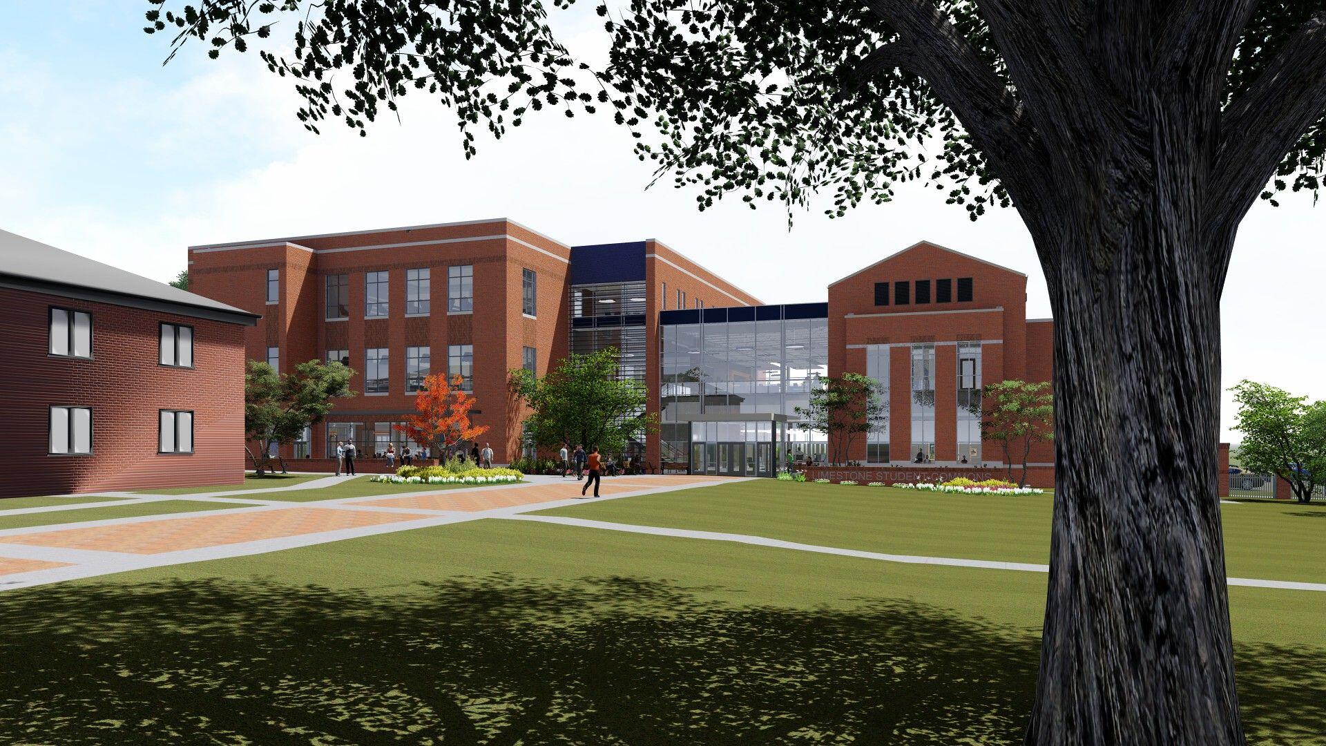 Library and Student Center - Front View next to tree