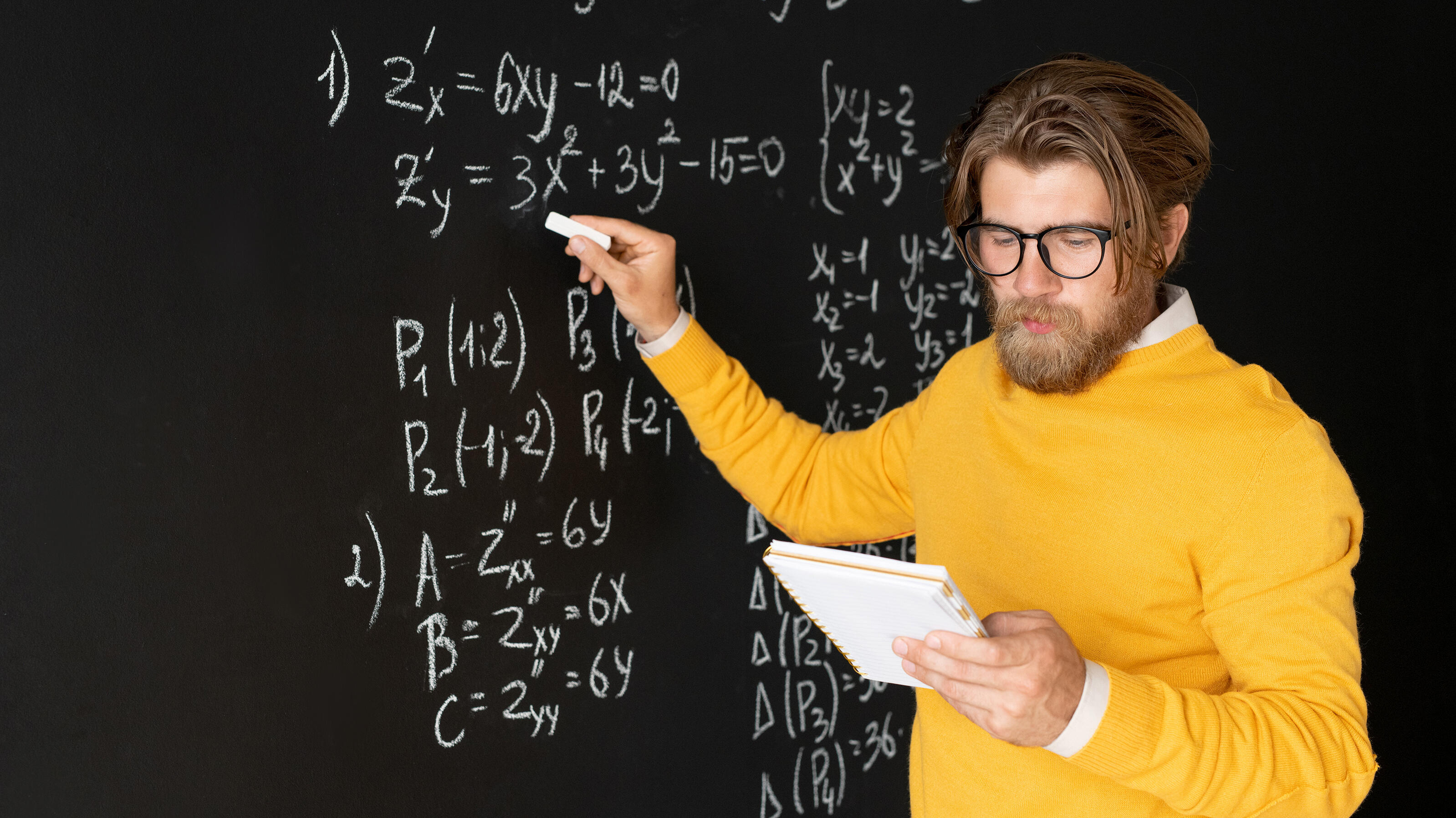 Math Education - Serious teacher pointing at equation on blackboard with piece of chalk