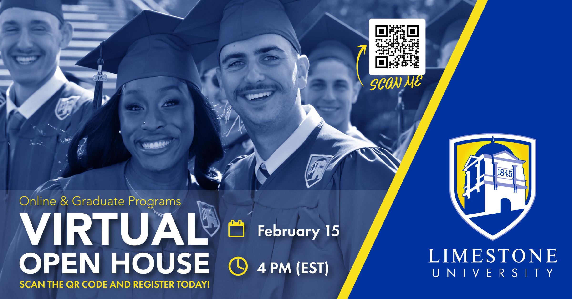 Virtual Open House Feb 15, 2023 4pm register and limestone.edu/virtual-open-house