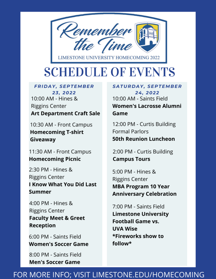 Homecoming 22 schedule of events - see PDF for more info