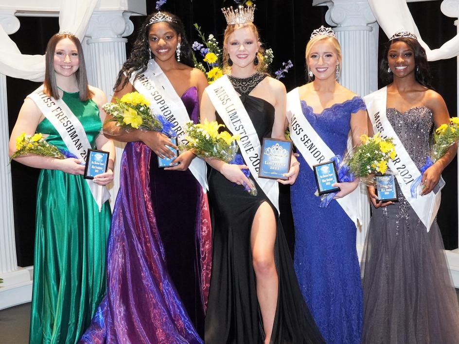 Left to right: Paige Saxey (Miss Freshman), Rothani Allen (Miss Sophomore), Casey Quinn (Miss Limestone University), Maren Lawrence (Miss Senior), and Ki’Shana Craig (Miss Junior).